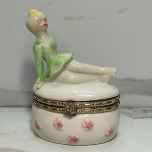 Vintage Ceramic Ballerina Trinket Box Hinge Lid Floral Figurine Keepsake Box